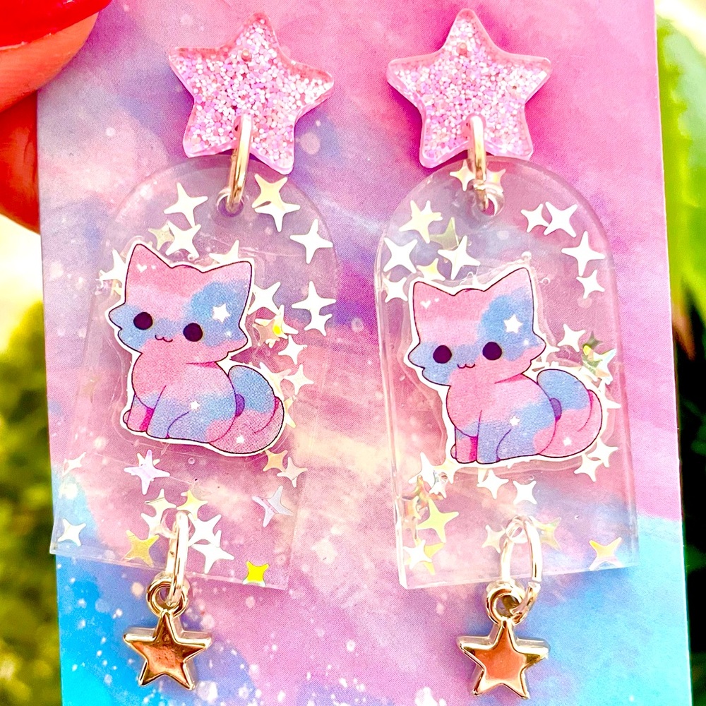 Acrylic Space Cat Dangle Earrings